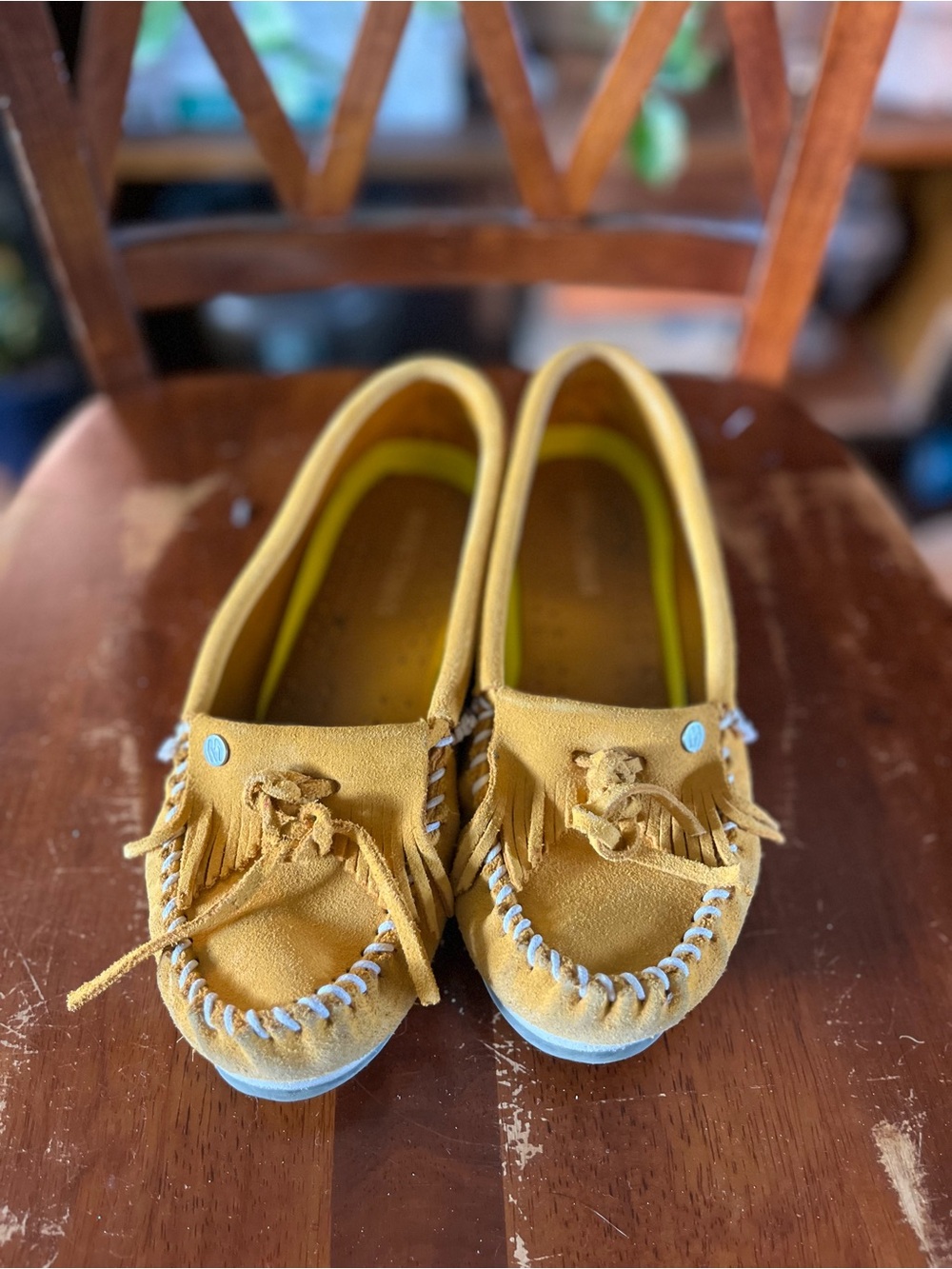 Minnetonka Mustard Yellow Suede Fringe Moccasins